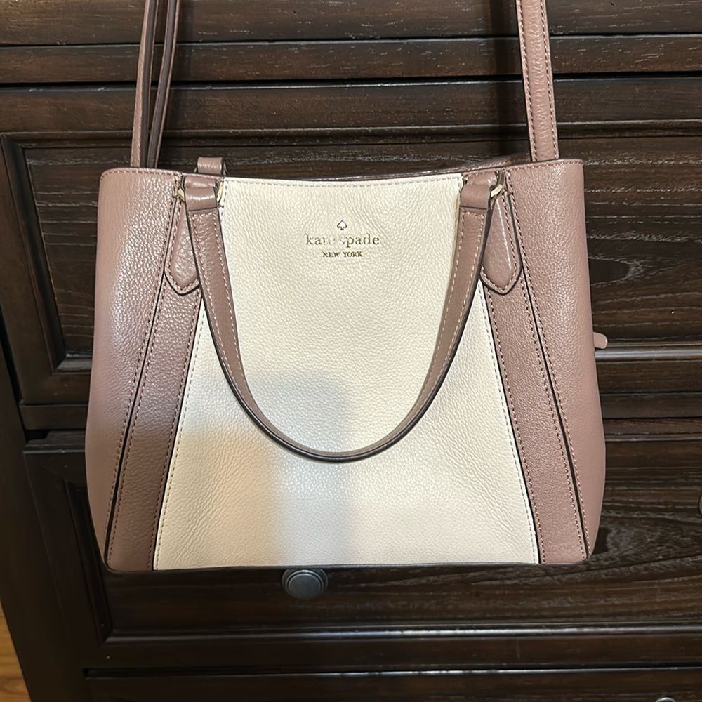 Kate Spade Off White and Light Brown small satchel with optional crossbody